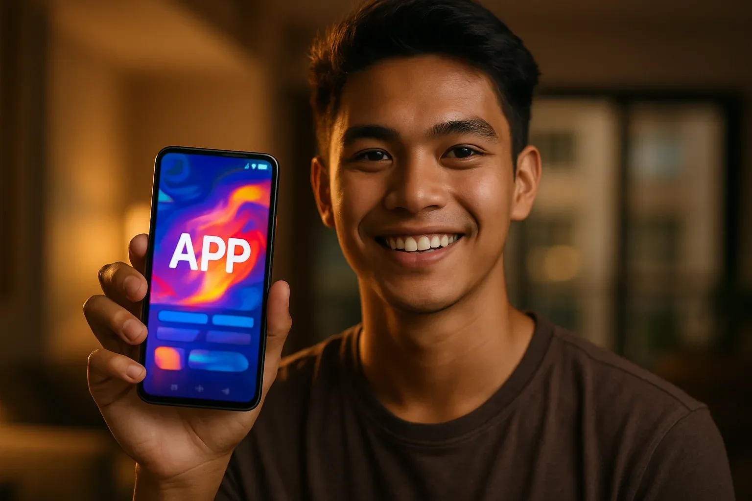 Smiling young Filipino man holding smartphone with glowing gaming app screen