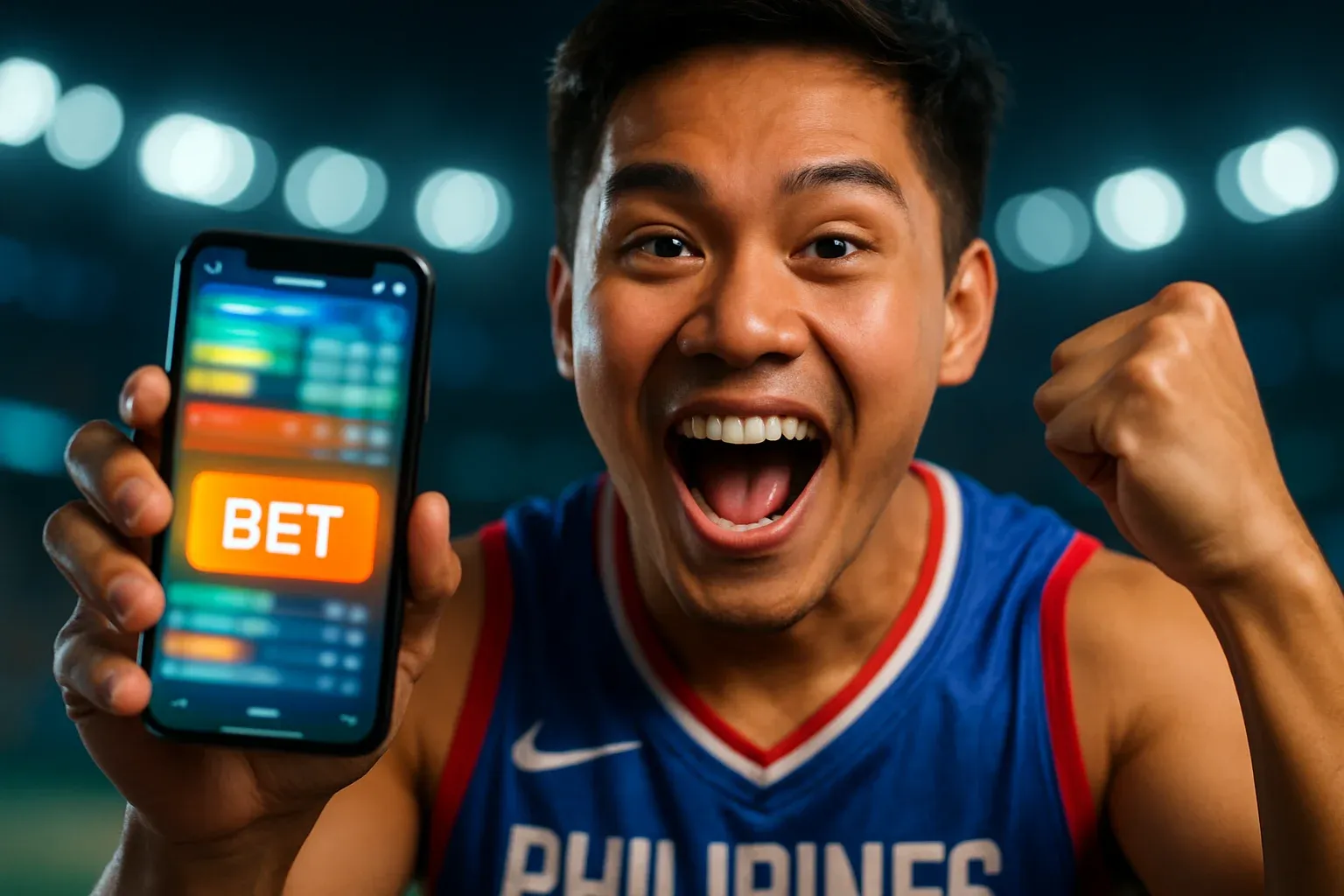 Excited young Filipino man cheering, holding phone showing bold BET sports betting UI