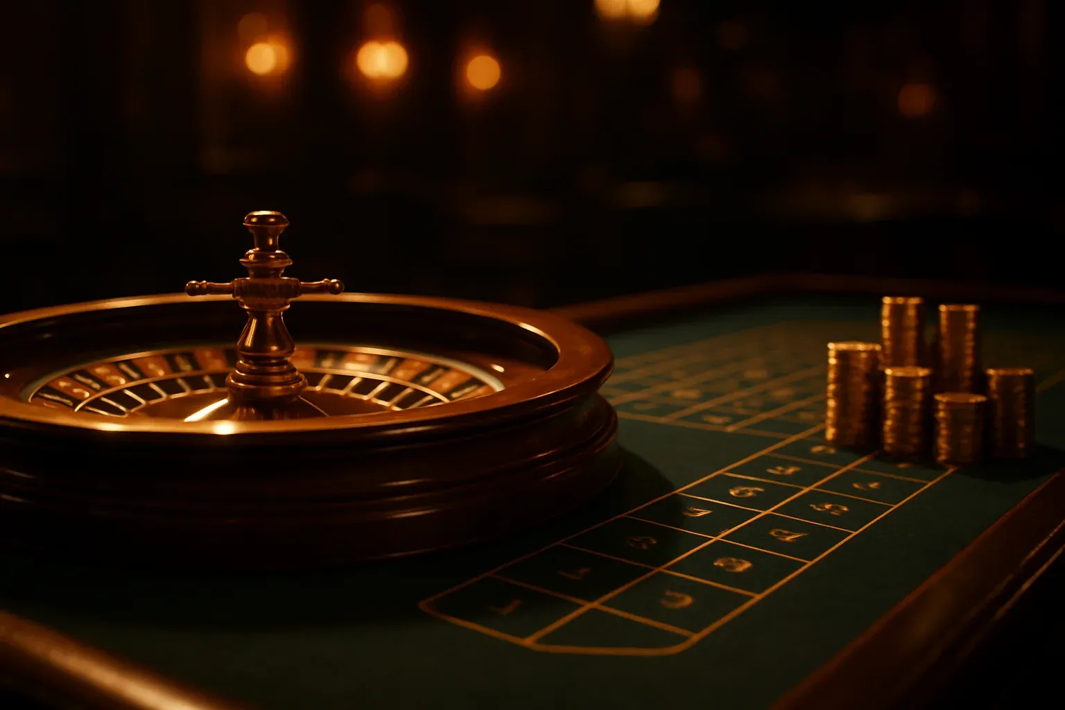 Hyperrealistic wide shot of live casino roulette table with golden chips
