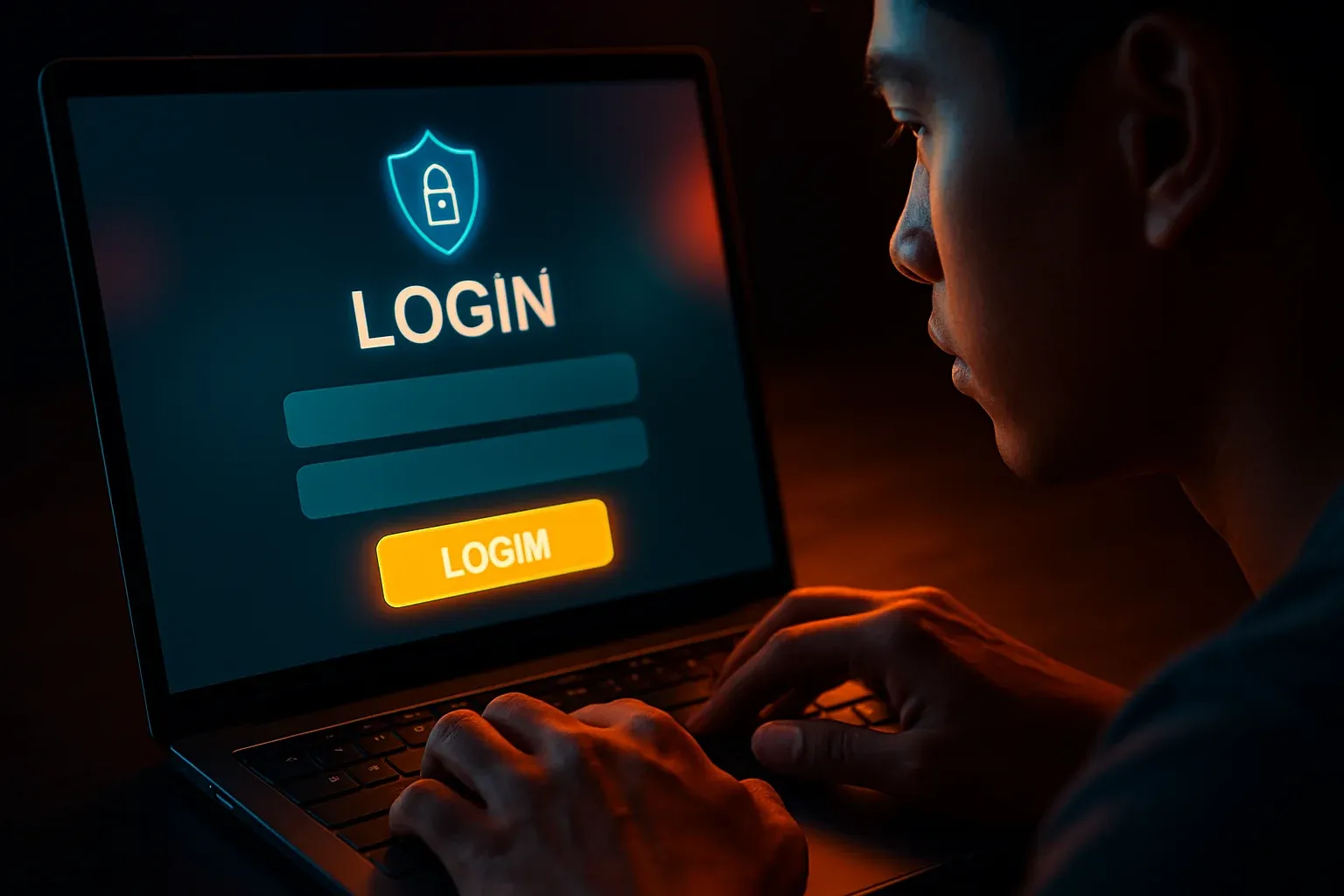 Filipino man hands using laptop with bold LOGIN sign-in form