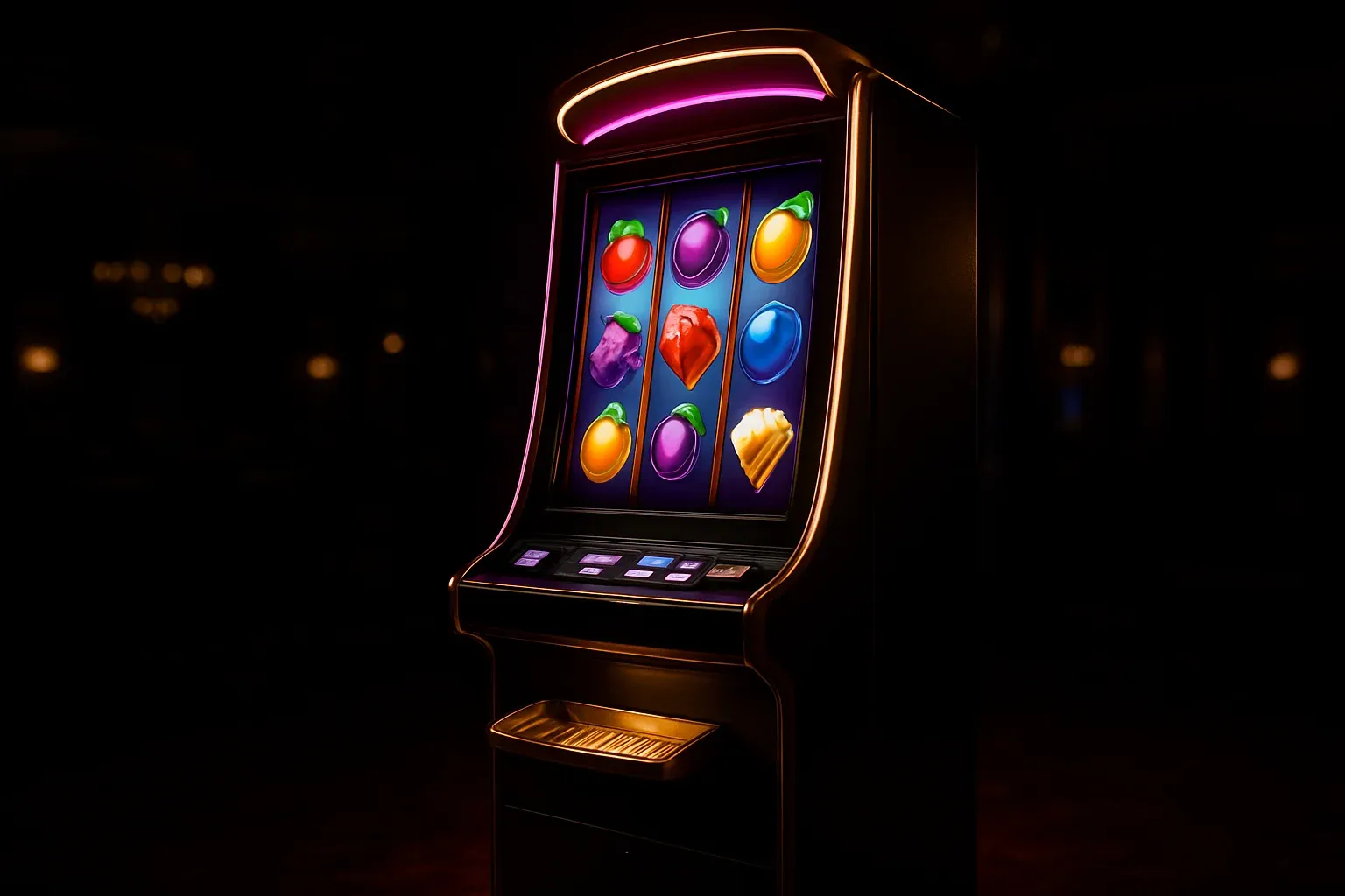 Hyperrealistic wide shot of premium slot machine in dark luxury casino
